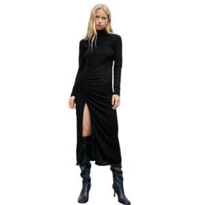 NEW ZARA black mock neck long sleeve form fitting draped sheath dress M‎